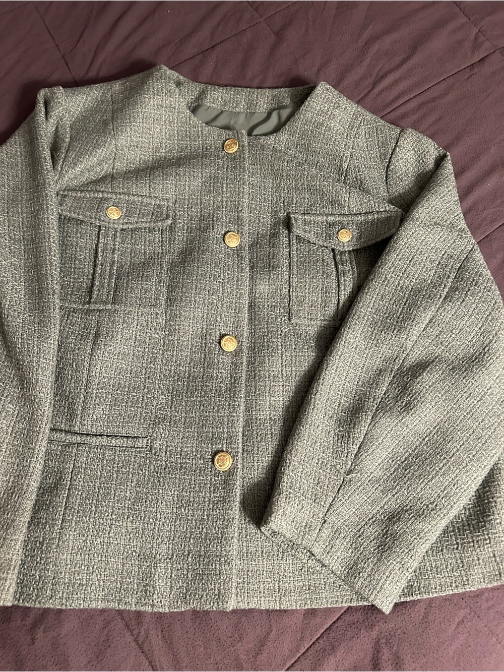 Woven Textured Button-Front Women's suit Jacket in Light Green - Picture 3 of 10